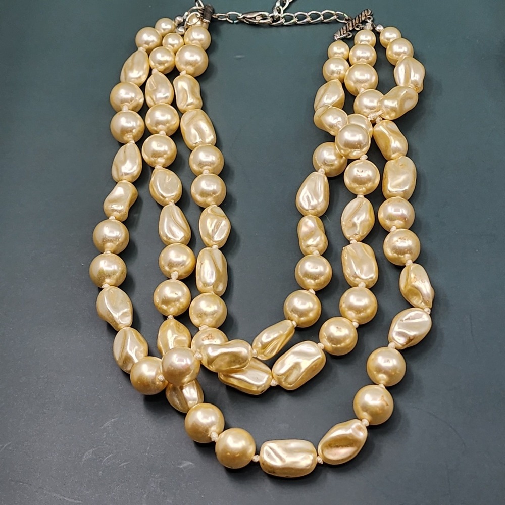 Champagne Faux Pearl Baroque Bead Triple Strand Statement Necklace Bridal Gift